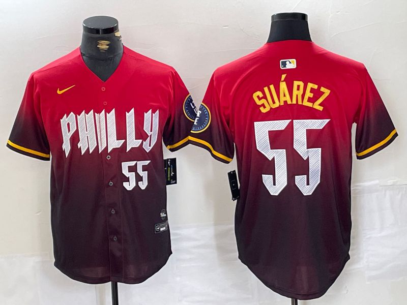Men Philadelphia Phillies #55 Suarez Red City Edition Nike 2024 MLB Jersey style 5
